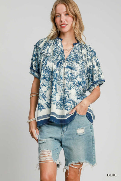 Abstract Print Top with Ruffled Neckline