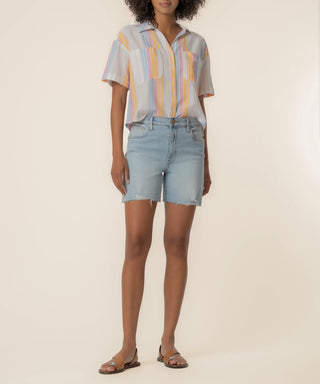 Brianna Linen Boxy Shirt in White/Pink