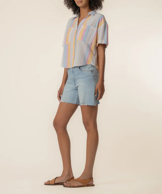 Brianna Linen Boxy Shirt in White/Pink