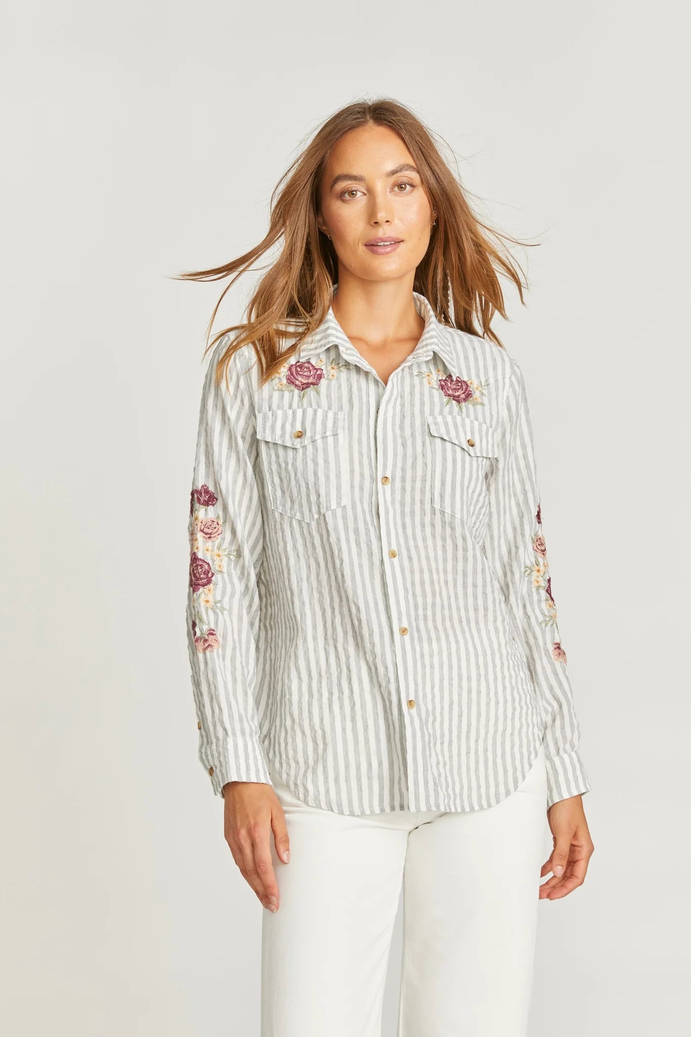 Driftwood- Striped Button Down-Rose