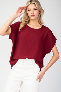 Jiselle Dolman Back Pleat Blouse- Merlot