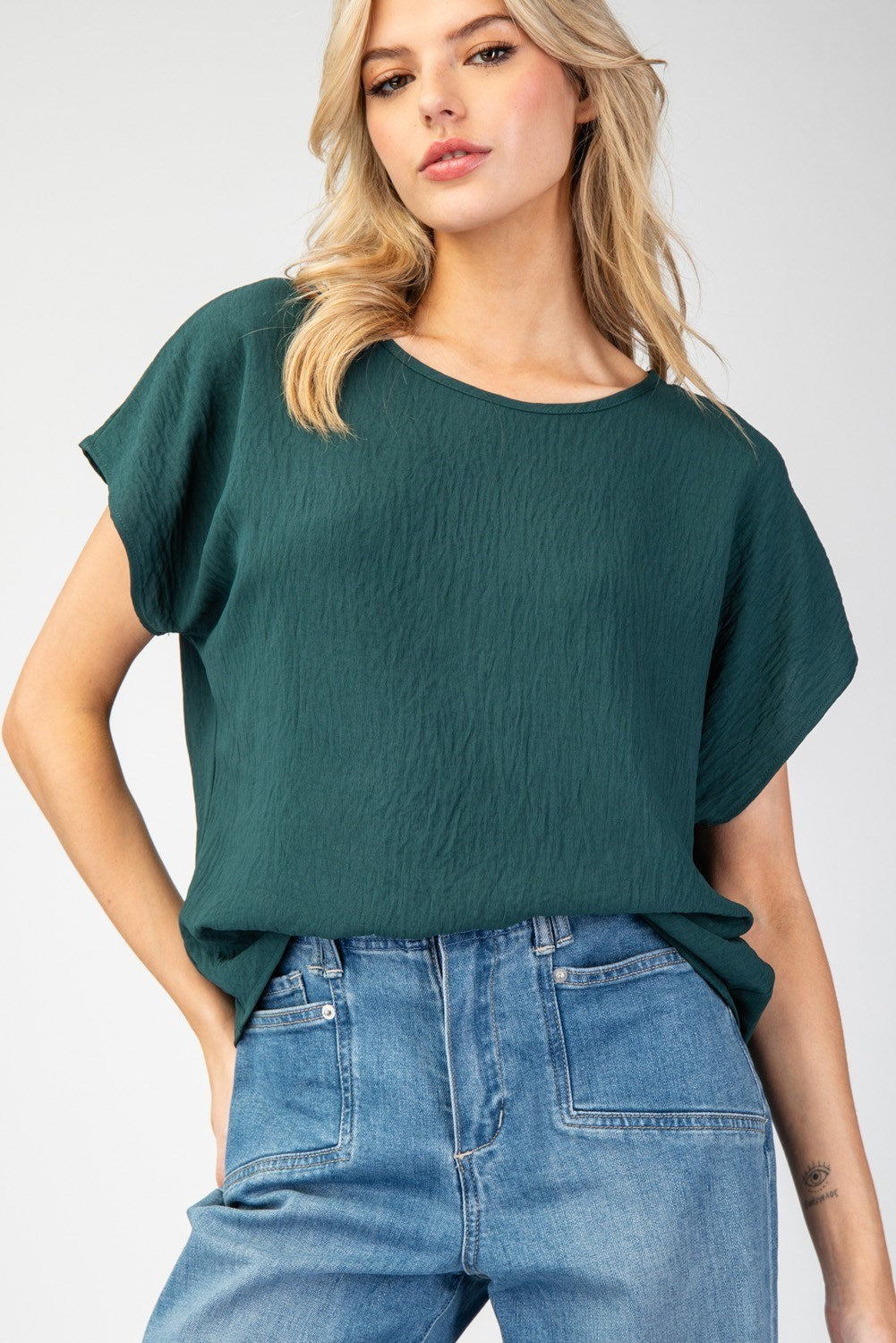 Jiselle Dolman Back Pleat Blouse- Hunter