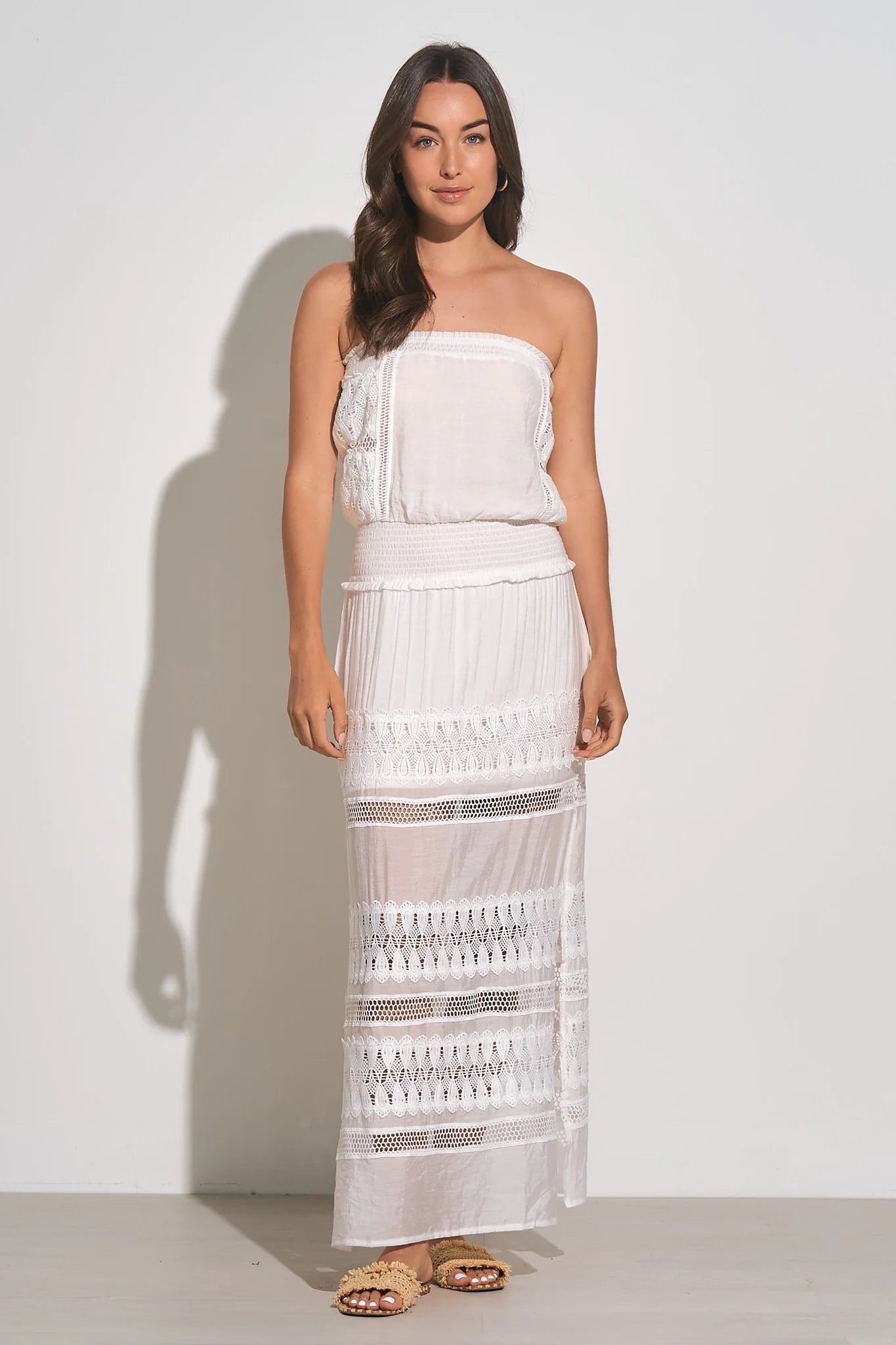 Elan- Athena Strapless Maxi Crochet Dress- White