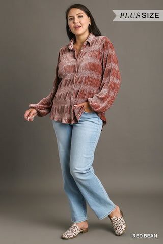 Smocked Velvet Button Down Top