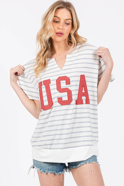 Striped USA Lettering Patch T-Shirts