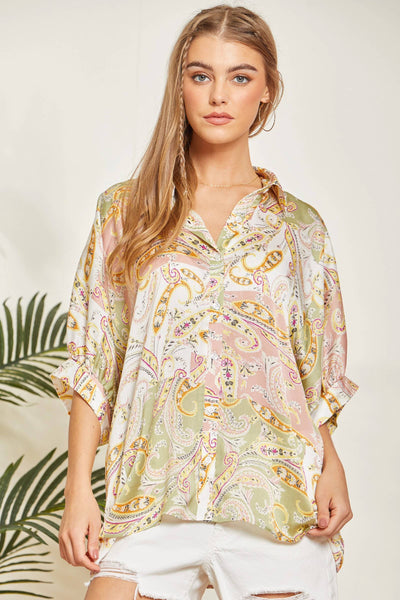 Satin Like Print Top With  Button Up Front