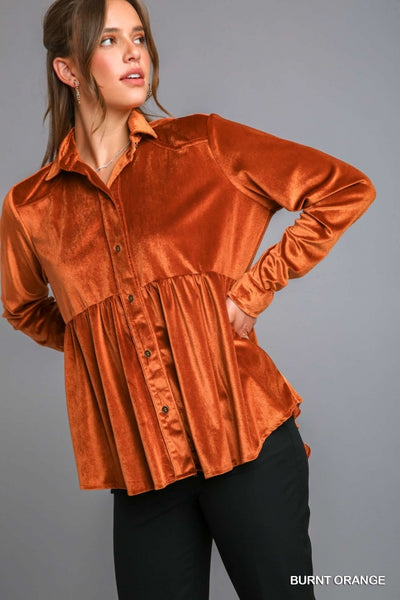 Verna Velvet Button Down- Burnt Orange