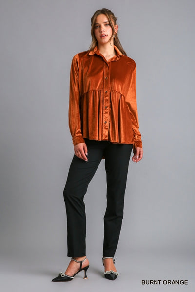 Verna Velvet Button Down- Burnt Orange