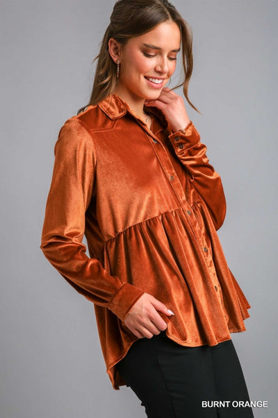 Verna Velvet Button Down- Burnt Orange