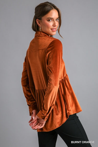 Verna Velvet Button Down- Burnt Orange