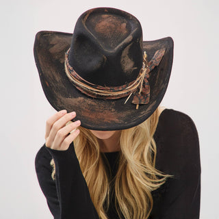 Distressed Fabric Band Feather Cowgirl Fedora Hat