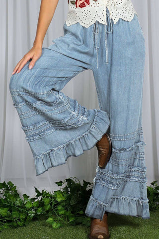 The Rella Ruffle Hem Washed Chambray Crop Denim Pants