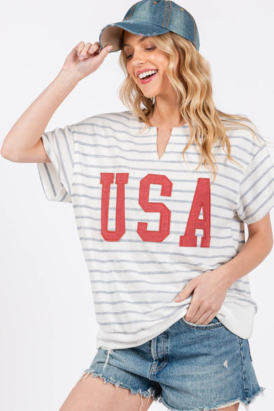 Striped USA Lettering Patch T-Shirts