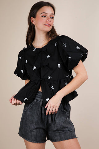 The Bella Front Tie Bow Embroidered Blouse Top