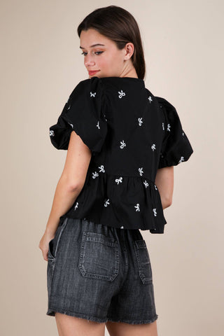 The Bella Front Tie Bow Embroidered Blouse Top