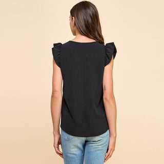 Solid Top with V neck Detail and Ruffled Sleeves