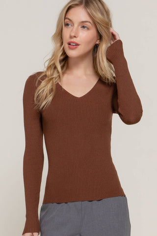 The Long Sleeve V-neck Fitted Viscose Rib Sweater Top
