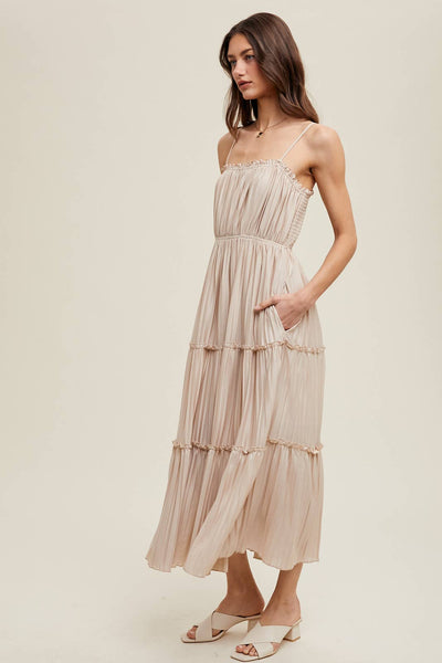 PLEATED TIERED MAXI DRESS WITH RUFFLE DETAIL