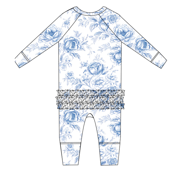 Charlie Lou Baby - Blue Toile Floral | Ruffle Convertible Romper | Bamboo