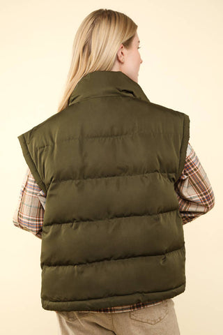 High Neck Casual Comfy Puffer Vest- Olive