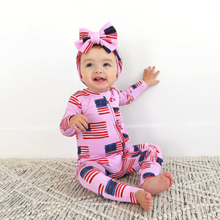 Gigi and Max - Betty Pink Flag Ruffle Zip Bamboo4th of July Sleepies Little