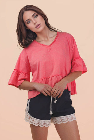 Mineral Washed Ruffle Detail Knit Top