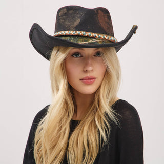 Distressed Fabric Band Rustic Cowgirl Fedora Hat