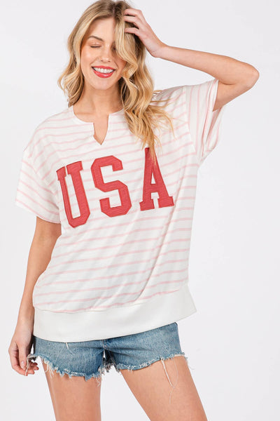 Striped USA Lettering Patch T-Shirts