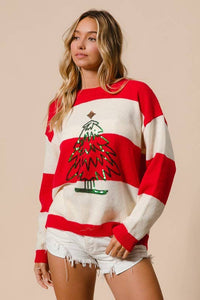 Christmas Stripe Sweater Top With Tree Sequins