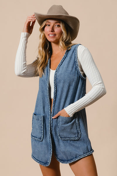 Brenda Braided Denim Long Vest