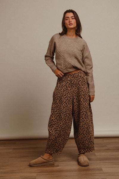 Lorraine Washed Leopard Denim Mid RIse Barrel Pants