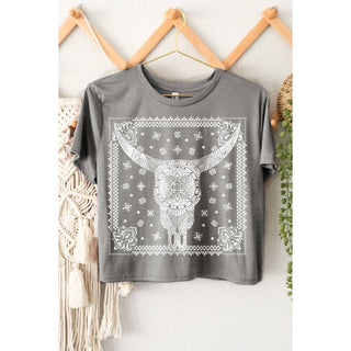 Bandana Cow Skull Cropped Tee