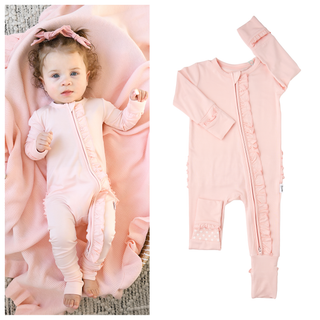 Gigi and Max - Light Pink RUFFLE ZIP Bamboo Keepsake 2-Way Zip Baby Outfit