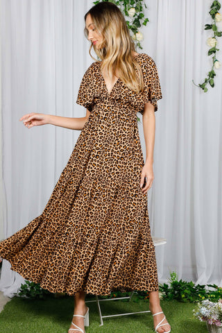 V-Neck Back Animal Printed Tiered Maxi Dress