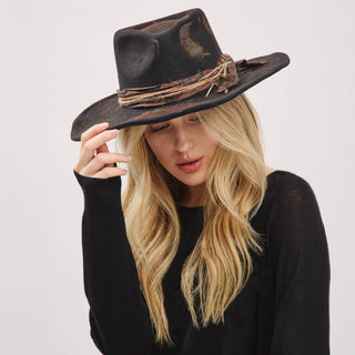 Distressed Fabric Band Feather Cowgirl Fedora Hat