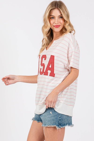 Striped USA Lettering Patch T-Shirts