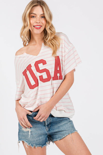 Striped USA Lettering Patch T-Shirts