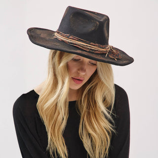 Distressed Fabric Band Feather Cowgirl Fedora Hat
