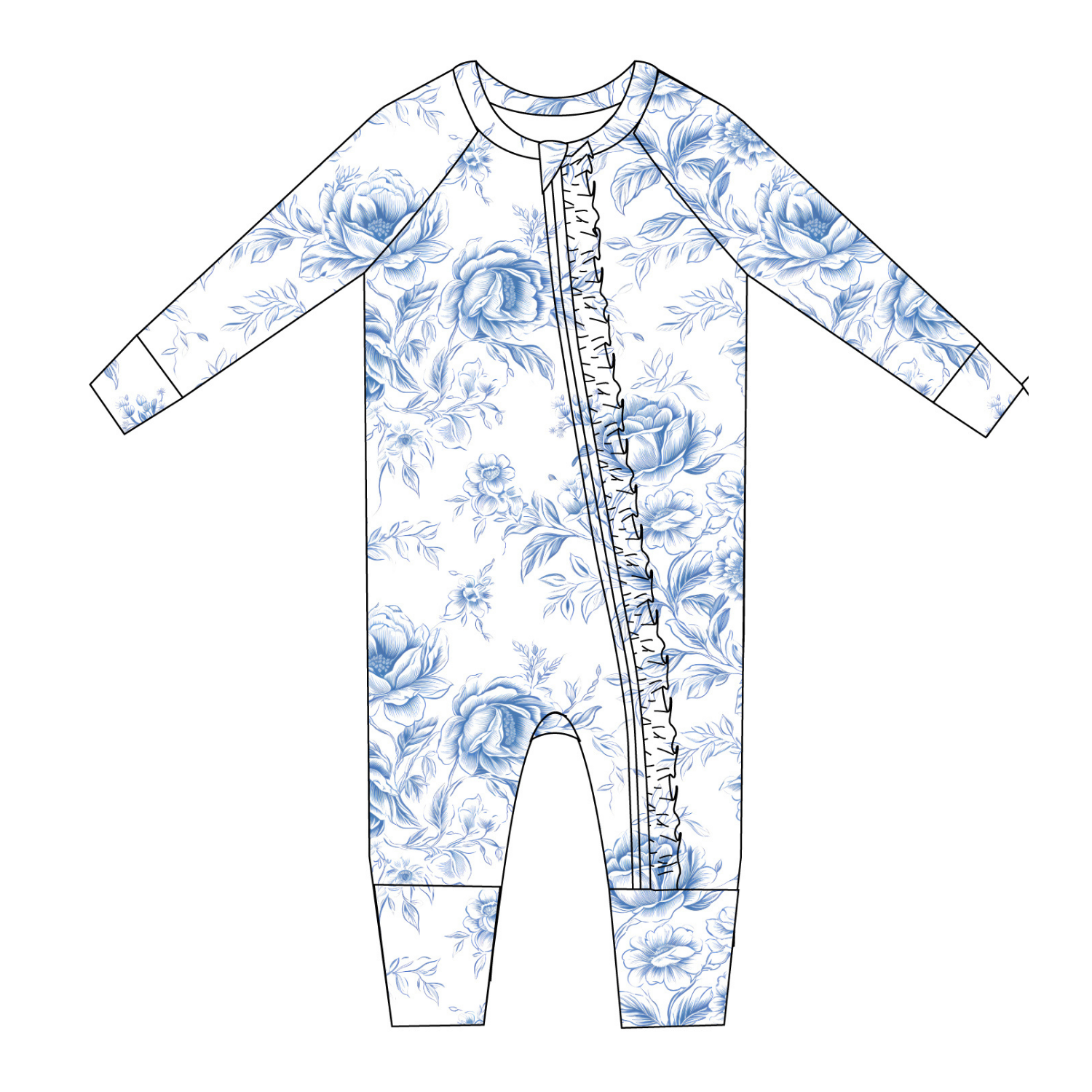 Charlie Lou Baby - Blue Toile Floral | Ruffle Convertible Romper | Bamboo