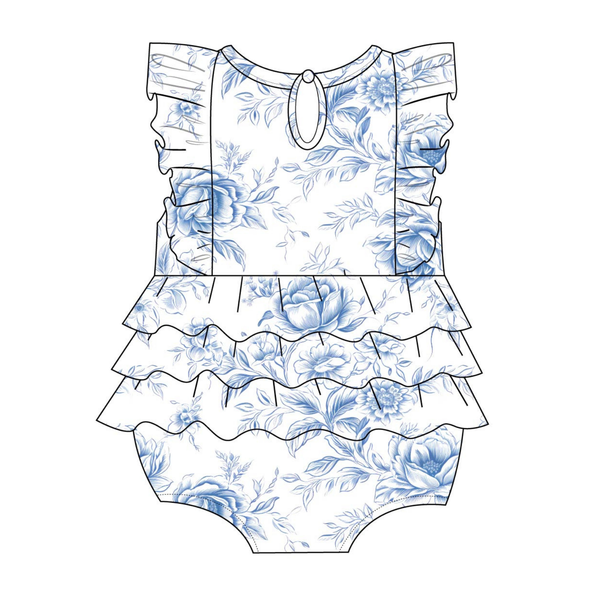 Charlie Lou Baby - Blue Toile Floral | Ruffle Bodysuit | Bubble Onesie | Bamboo