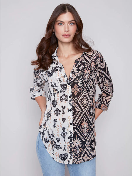 Charlie B- Printed Crinkle Georgette Blouse - Damask