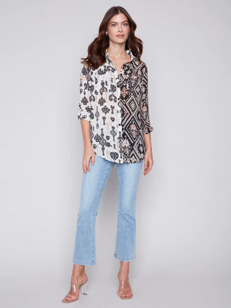 Charlie B- Printed Crinkle Georgette Blouse - Damask