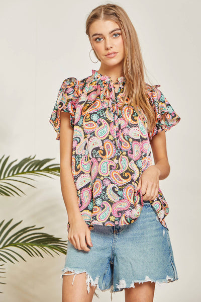 Easy Print Top Features a Tie Neck