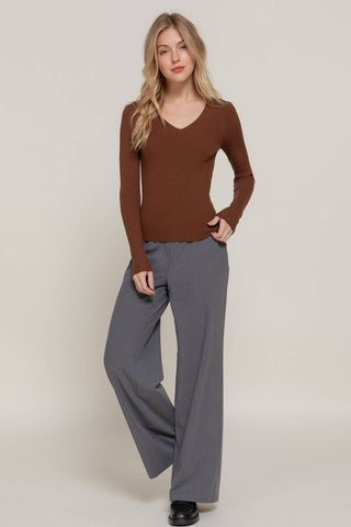 The Long Sleeve V-neck Fitted Viscose Rib Sweater Top