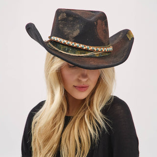 Distressed Fabric Band Rustic Cowgirl Fedora Hat