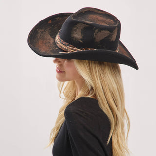 Distressed Fabric Band Feather Cowgirl Fedora Hat