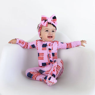 Gigi and Max - Betty Pink Flag Ruffle Zip Bamboo4th of July Sleepies Little