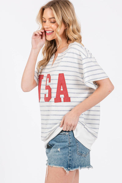 Striped USA Lettering Patch T-Shirts