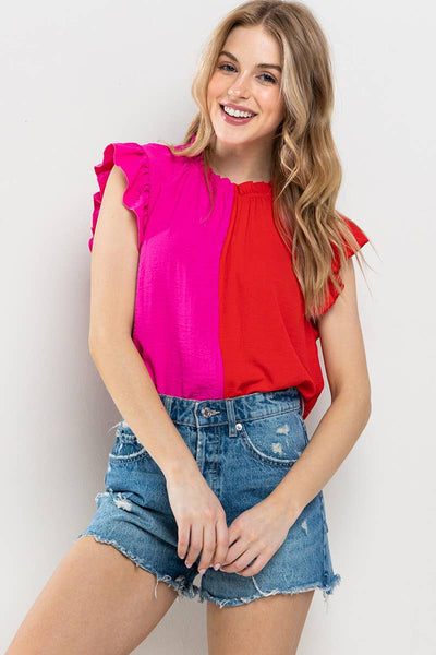 Rachel Ruffle Top- Red/Hot Pink