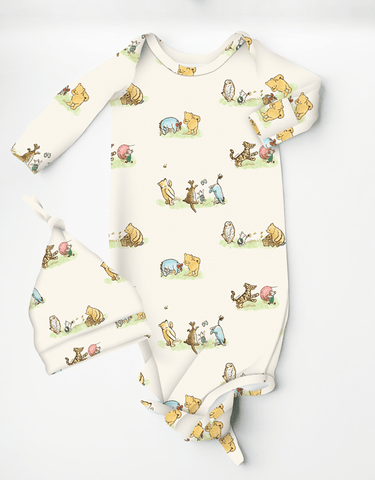 Vintage Pooh - Bamboo Baby Knotted Gown with Beanie